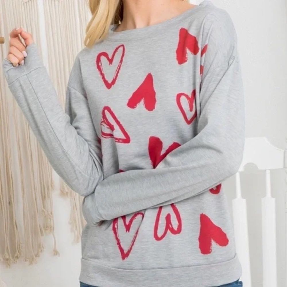 Top Heart Print Long Sleeve Soft Gray Small